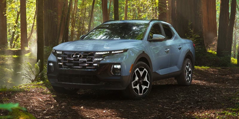 Una camioneta Hyundai Santa Cruz de color azul claro, vista desde la parte delantera izquierda, estacionada en un camino de tierra en un denso bosque.
